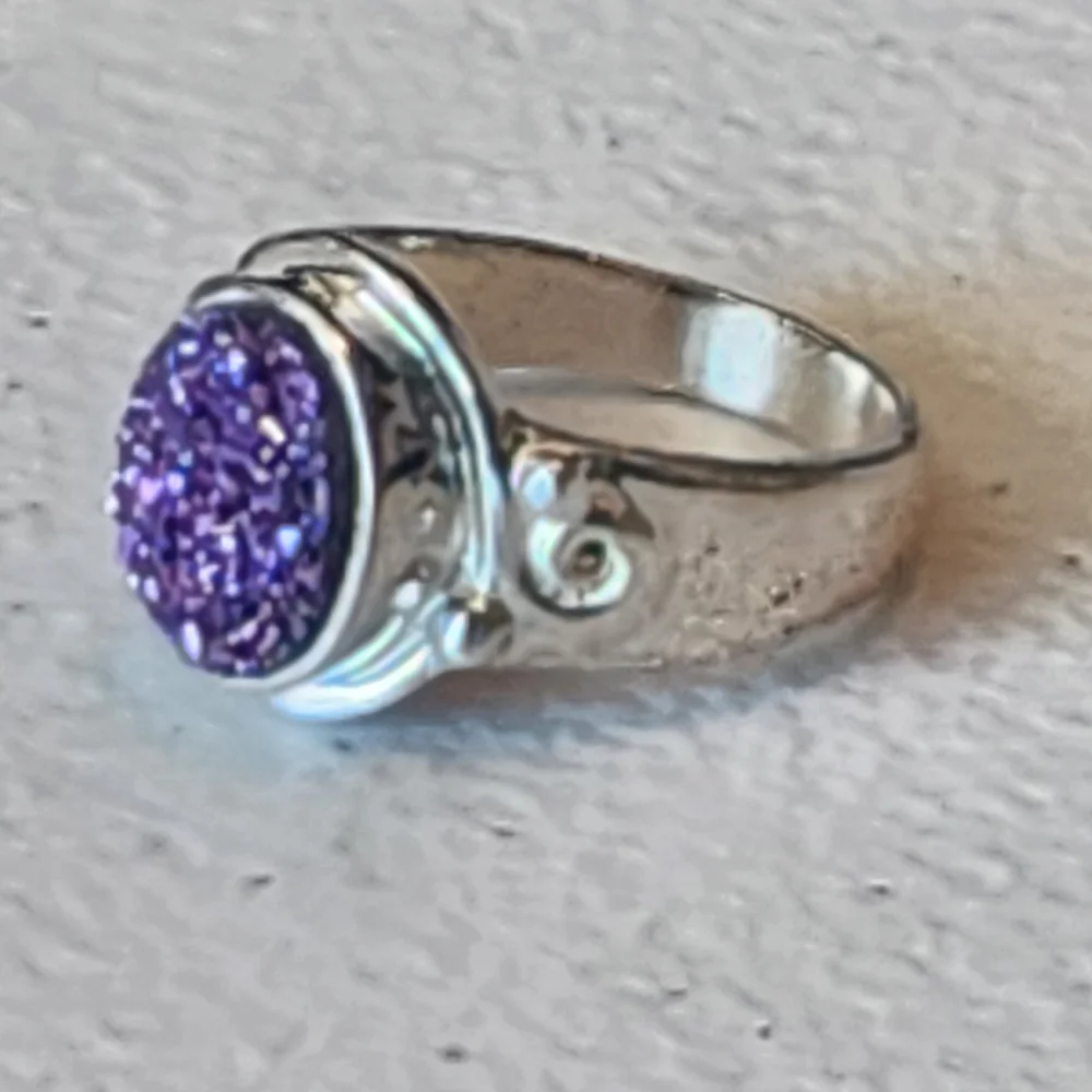 Dazzling Sterling Silver Sajen Druzy Quartz Purple Glitter Ring Sz 6.5 Jewelry